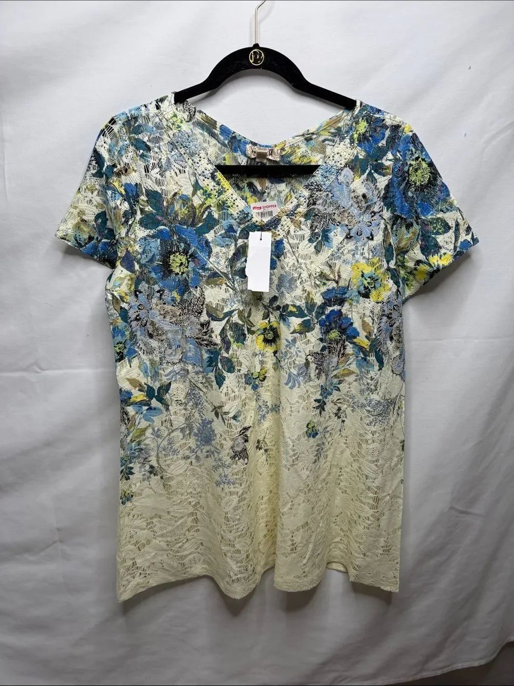 ONE WORLD Floral Lace V-Neck Short Sleeve Top - Blue & Cream
